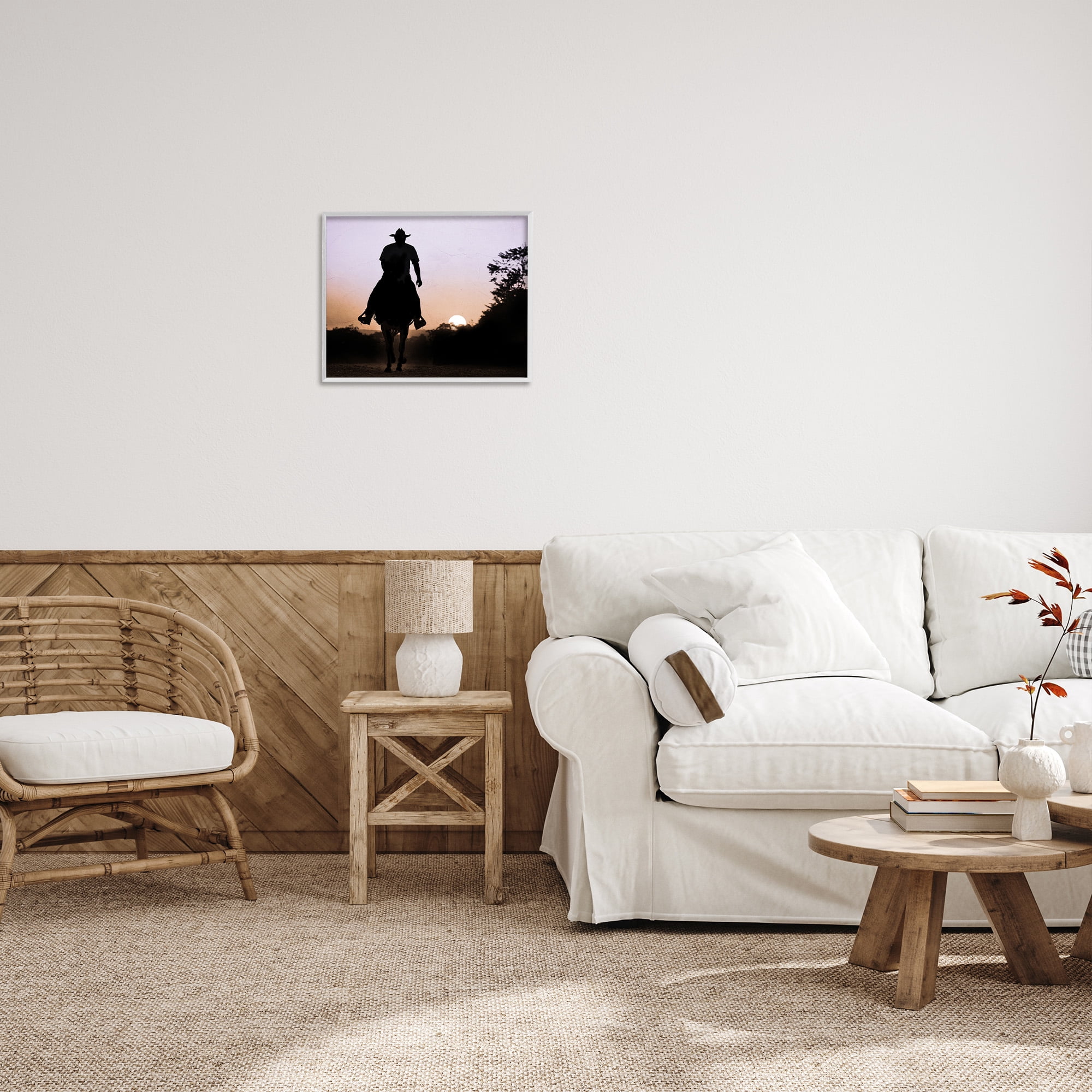 Stupell Industries Cowboy & Setting Sun Landscape Photography White Framed Art Print Wall Art, 20 x 16