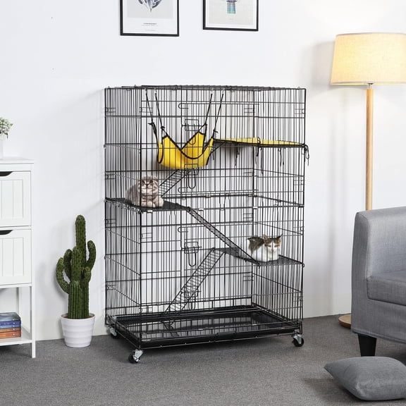 49'' Collapsible Cat Cage 4-Tier Metal Cat Kennel Ferret Enclosure Chinchilla Cage with Rotating Casters/Ramp/Ladders/Hammock for Indoor Kitten
