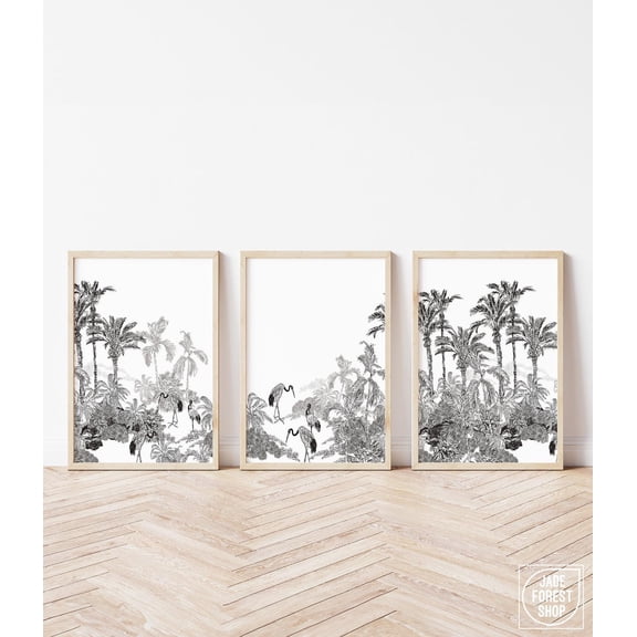 Triptych Wall Art Framed Triptych Set Vintage Lithograph Tropical Panorama Print Exotic Oriental Pattern Modern Farmhouse Decor Set 3