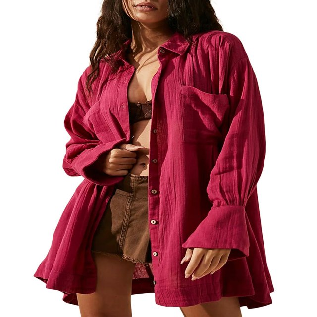 PENGXIANG Robe Chemise à Manches Longues pour Femmes Automne Couleur Unie Col à Revers