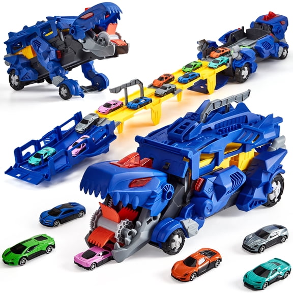 Dinosaur Carrier Truck Playset 3-in-1 with 12 Dinosaur Cars and Collapsible 3-Layer Race Track, Storage Case Toy for Children Ages 3 and Up Boys and Girls Blue