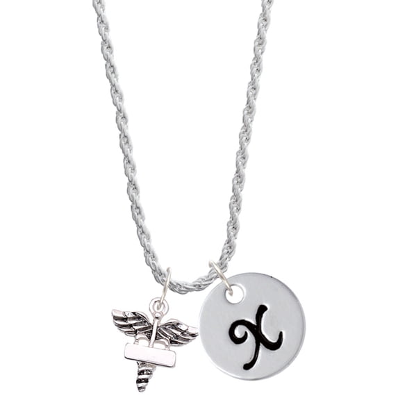 Delight Jewelry Silvertone Engraveable Caduceus - Silvertone Script Initial Disc - X - Charm Necklace, 20"+3"