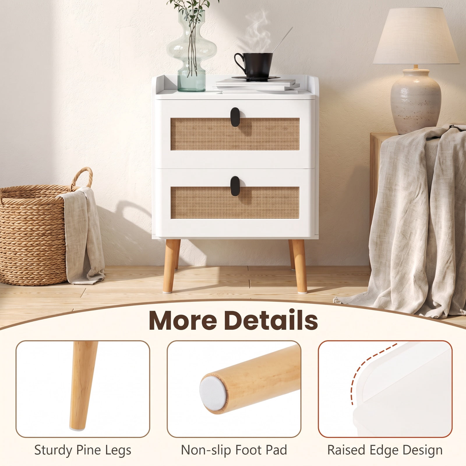 Furnibear Modern End Table Bedside Table with 2 Rattan Decorated Drawers for Bedroom Living Room Bedside Sofa Side Small Space, White