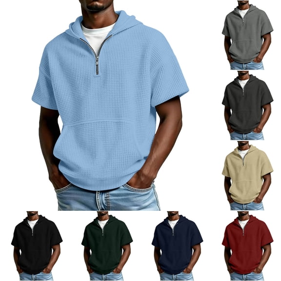VBTAPA Hooded Sweatshirts Men Waffle Hoodies Short Sleeve Quarter Zip Hooded Tops Soft Comfy Casual Athletic Hoodie with Pocket Gray L