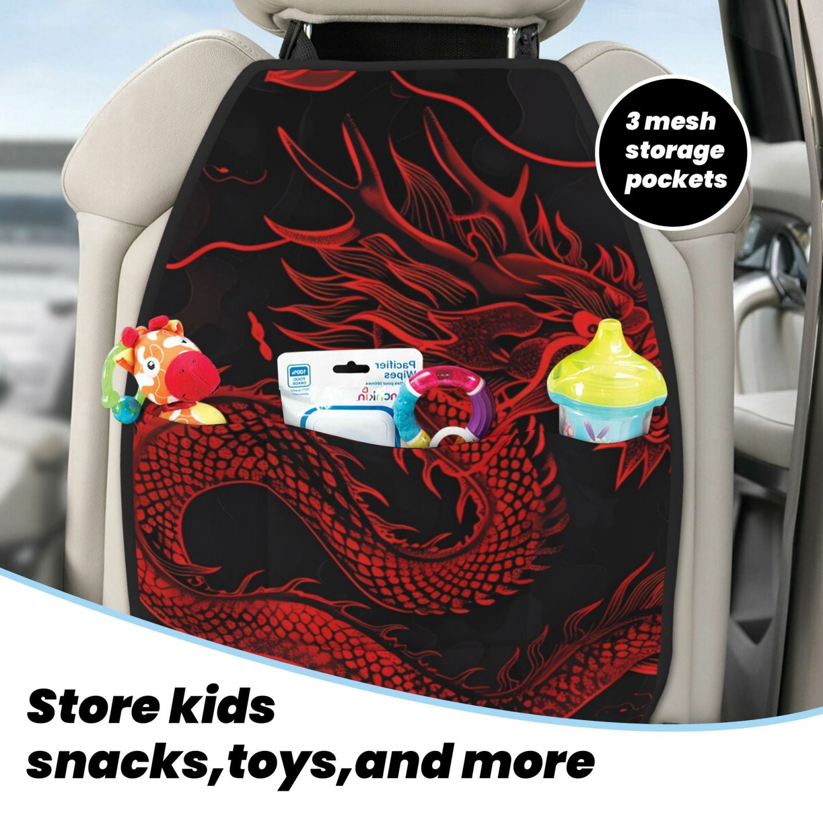 Kdxio Red Dragon On Black Print 2 Pack Car Kick Mat Seat Cover Back Protector Mat with Pockets for Organizer Backseat Protector and Storage Anti Kick Pad for Vehicles
