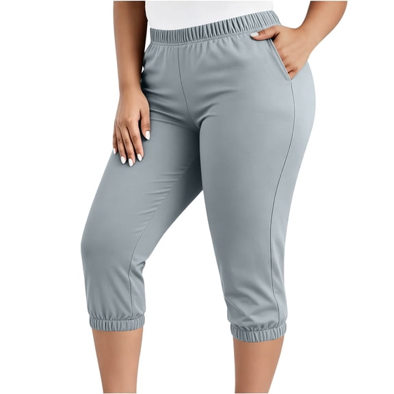 Tdoqot Womens Plus Size Capris with Pockets- High Rise Slim Leg Casual Elastic Waist Summer Pants Gray Size XL-5XL