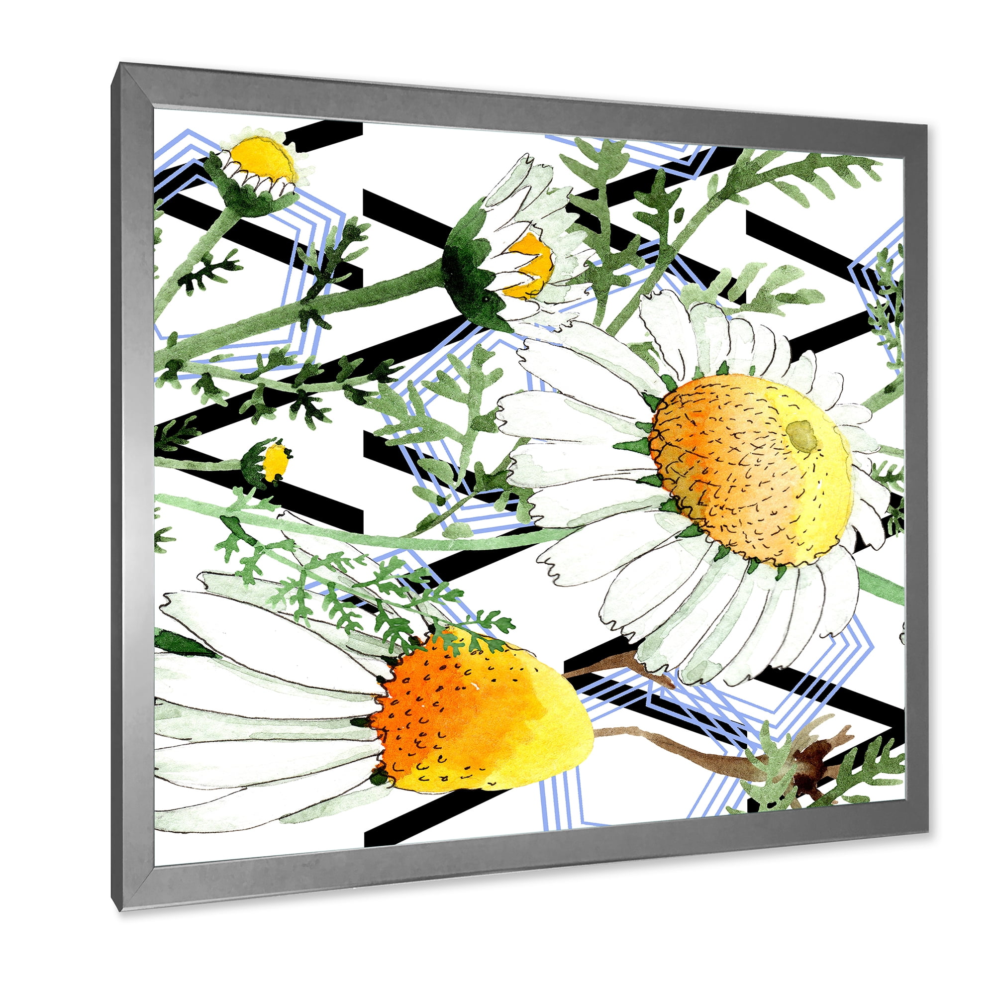 Wild Spring Chamomile Flowers On Geometric Lines 36 in x 36 in Framed Painting Canvas Art Print, by Designart