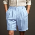 thumbnail image 2 of Dwelliawo Men's Cotton Linen Shorts Straight Leg 9" Flat Front Linen Dress Shorts Classic Summer Outfits with Pockets Elastic Waist Casual Light Blue 3XL, 2 of 4