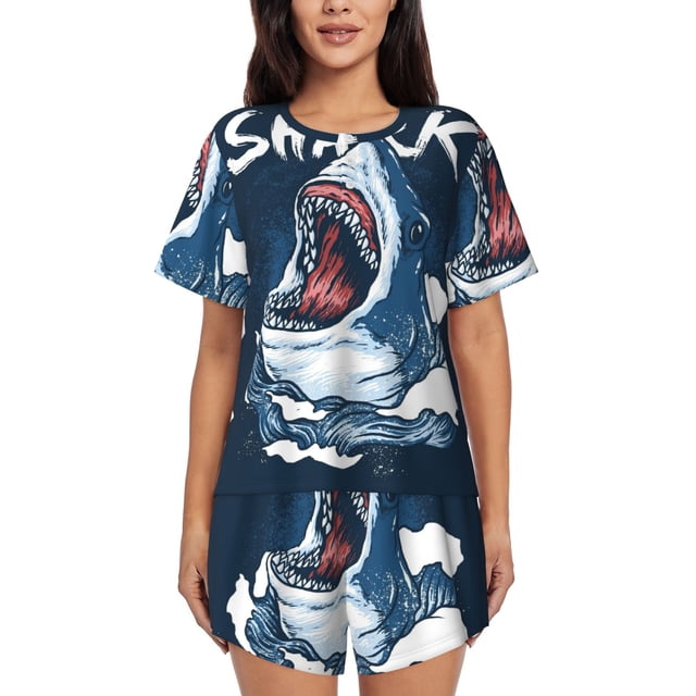 Fotbe Shark Conjunto de Pijama Estampado para Mujer, 2 Piezas, Ropa de Dormir con Camiseta de Manga Corta y Shorts Suaves-3X-Large