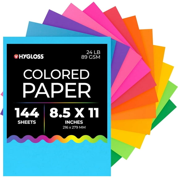 Assorted Bright Colored Paper - 24 lb, 89 GSM, Acid-Free, Fade-Resistant, 8.5x11-Inch Letter Size Color Copy Paper, 144 Sheets, 12 Colors