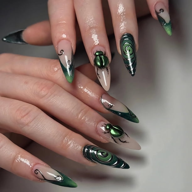 Uñas postizas adhesivas BABALAL verde gótico con diseño 3D de escarabajo, 24 piezas