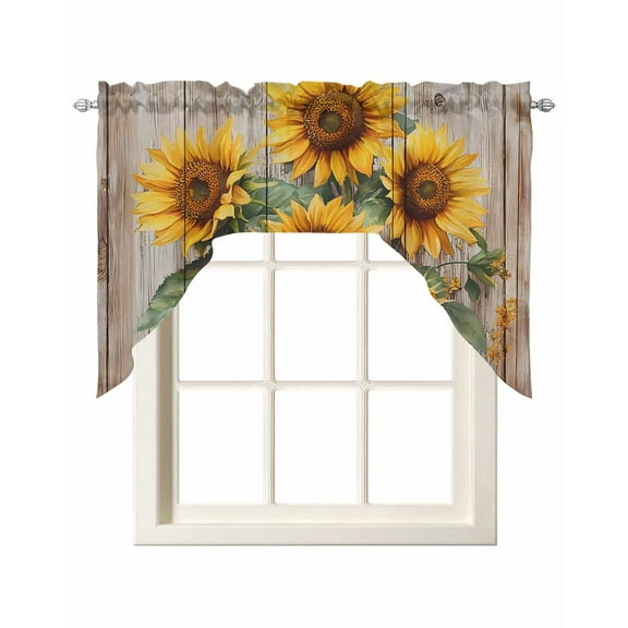 Farmhouse Sunflower Kitchen Curtains Swag Valance for Windows/Bathroom/Cafe, Vintage Rustic Botanical Wooden Rod Pocket Drape Panel Swag Curtain Valance for Bedroom/Living Room 55''x36''
