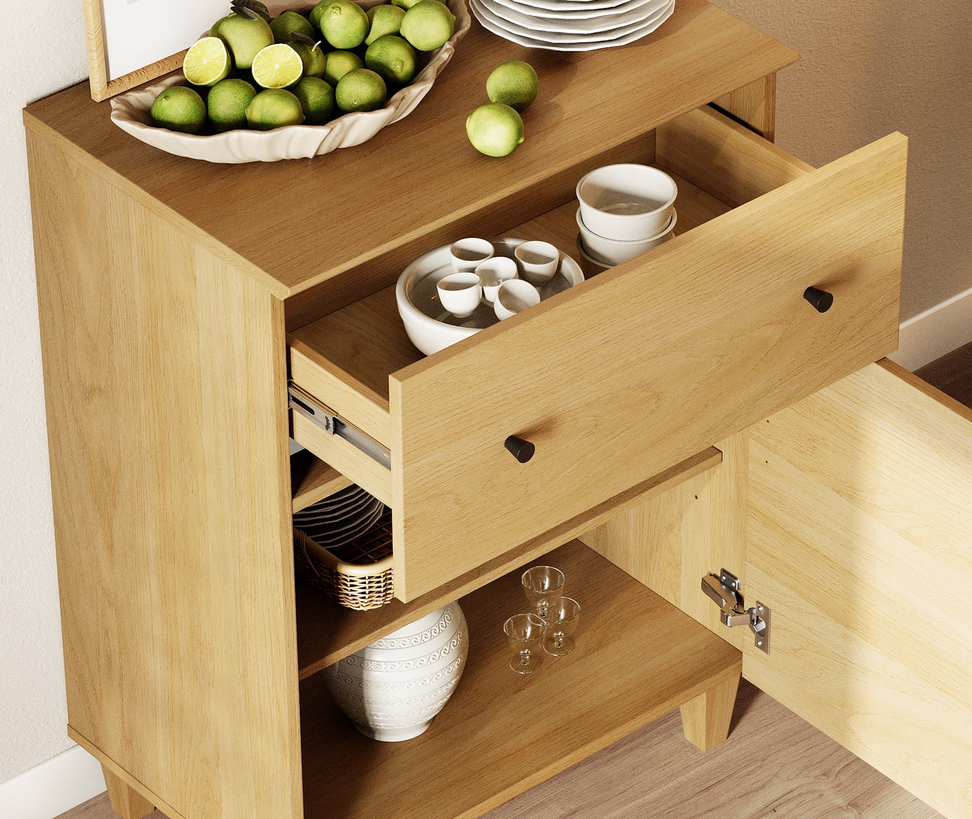 Modern End Table with Drawer and Cabinet, Large Side Table with Adjustable Storage Shelf, Wooden Nightstand for Living Room, Oak