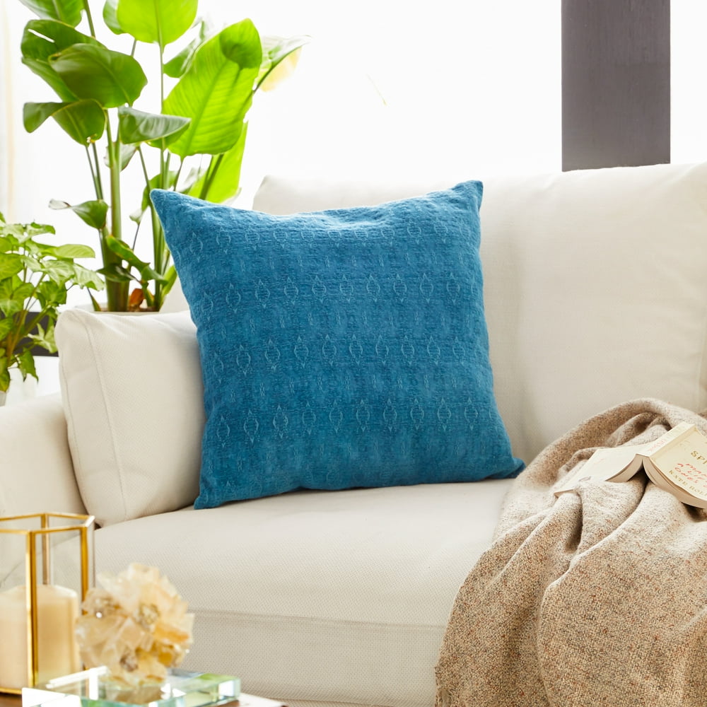 DecMode Large Square Blue Throw Pillow with Ikat Pattern, 20" x 20