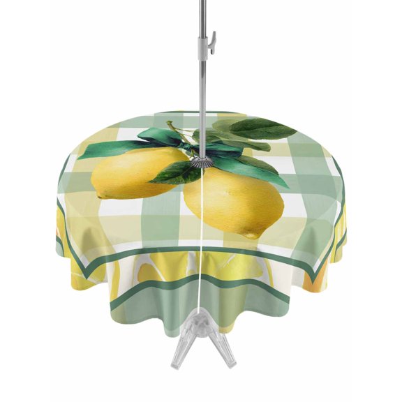 Outdoor Tablecloth with Umbrella Hole for Patio/Picnic/Party/Camping, Lemon Waterproof Table Cloth Round Cover Washable, Botanical Fruit Leaves Bow Yellow Green Striped (Dia 60")