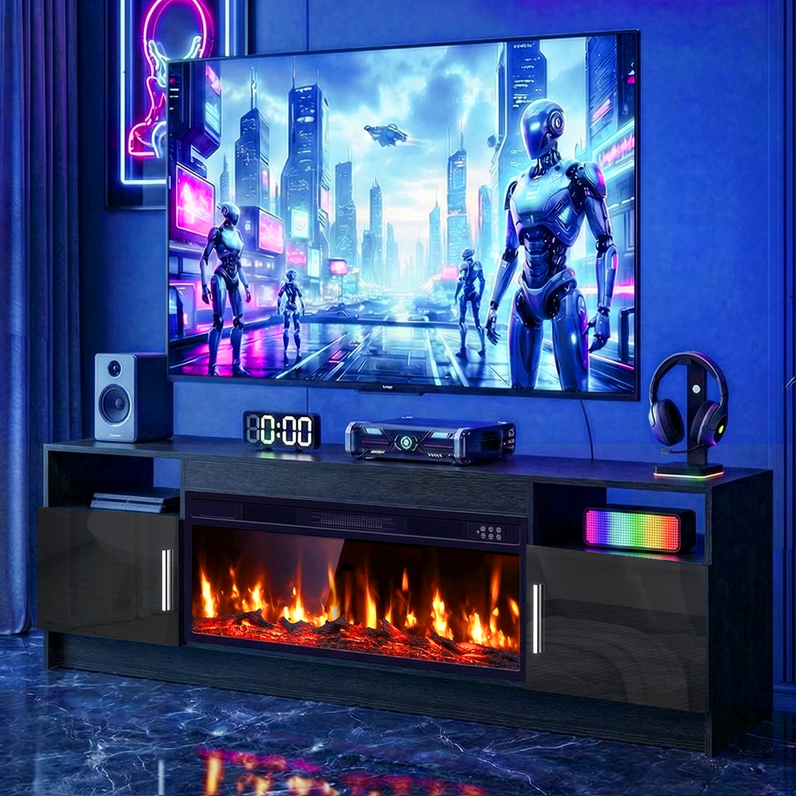Flictozena 70" TV Stand with 36-Inch Electric Fireplace, Adjustable LED Lights & Storage | Fits TVs Up to 80 Inches | Modern Entertainment Center with Glossy Black Doors