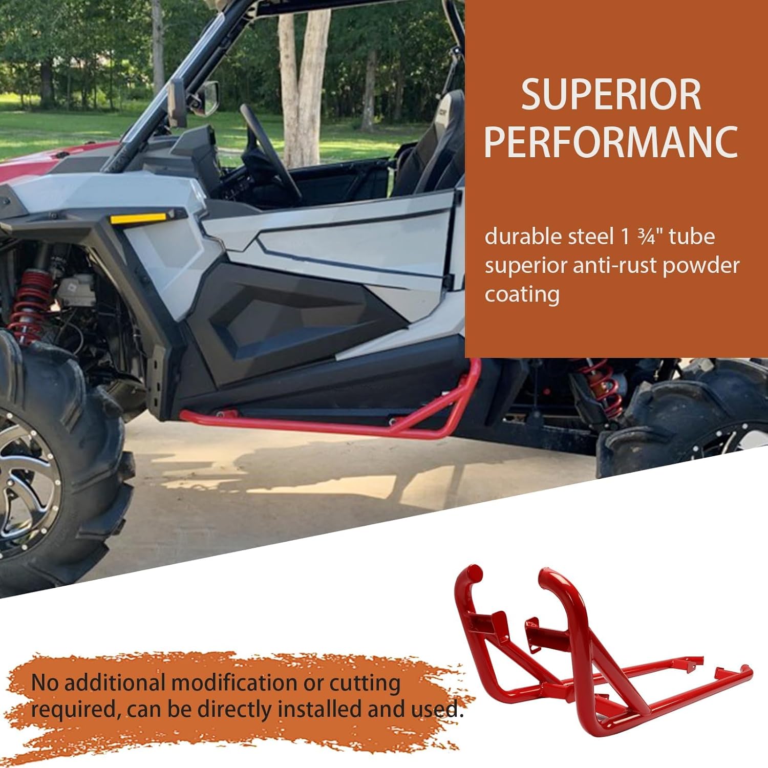 Kojem LYPS-007-2 Red Steel Side Nerf Bars for UTV Polaris RZR XP 1000, 900 2014 to 2022,2 Door