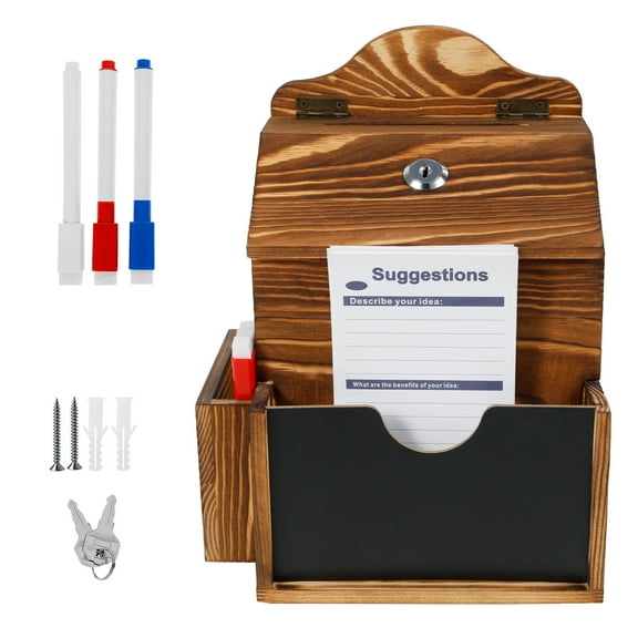 Threns Suggestion Box Wooden Donation Box with Lock Wall Mounted Charity Collection Case with 50 Suggestion Cards Multipurpose for Office School Church