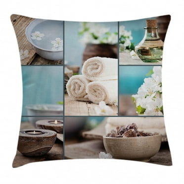 Spa Decor Throw Pillow Cushion Cover, Far East Close to Your Heart Asian Massage Theme Collage Oils Candles Flowers, Decorative Square Accent Pillow Case, 16 X 16 Inches, Blue and White, by Ambesonne