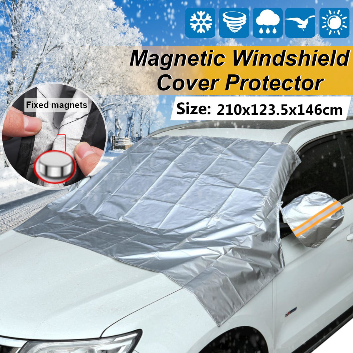 Car Windshield Protective Cover with Side Mirror Covers Thick Magnetic Car Windshield Cover Waterproof Snow Ice Frost Fit Most Cars 225x140cm Car Windscreen Cover Frost Car Windshield Cover for Snow