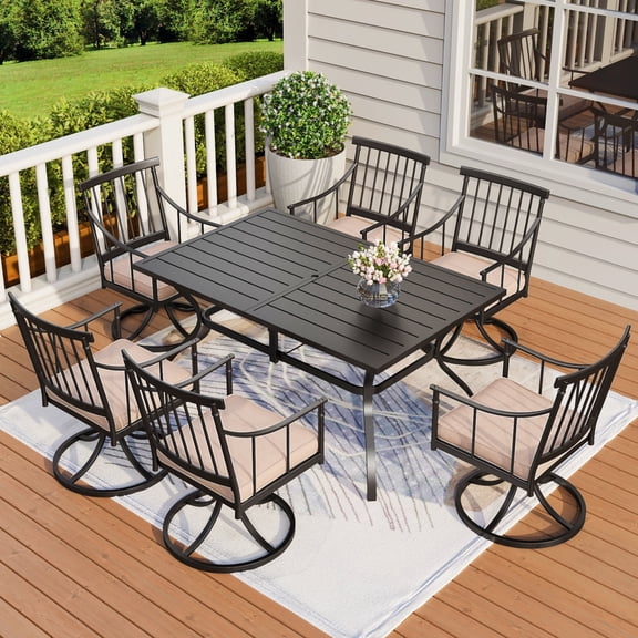MF Studio 7-Piece Outdoor Patio Dining Set with Swivel Cushioned Chairs & 6-Person Metal Table, Black & Beige