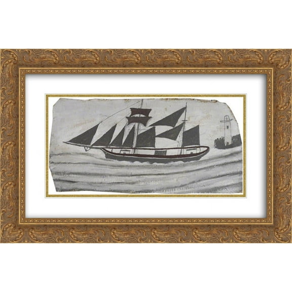 Alfred Wallis 2x Matted 24x16 Gold Ornate Framed Art Print 'Schooner in Full Sail near a Lighthouse '