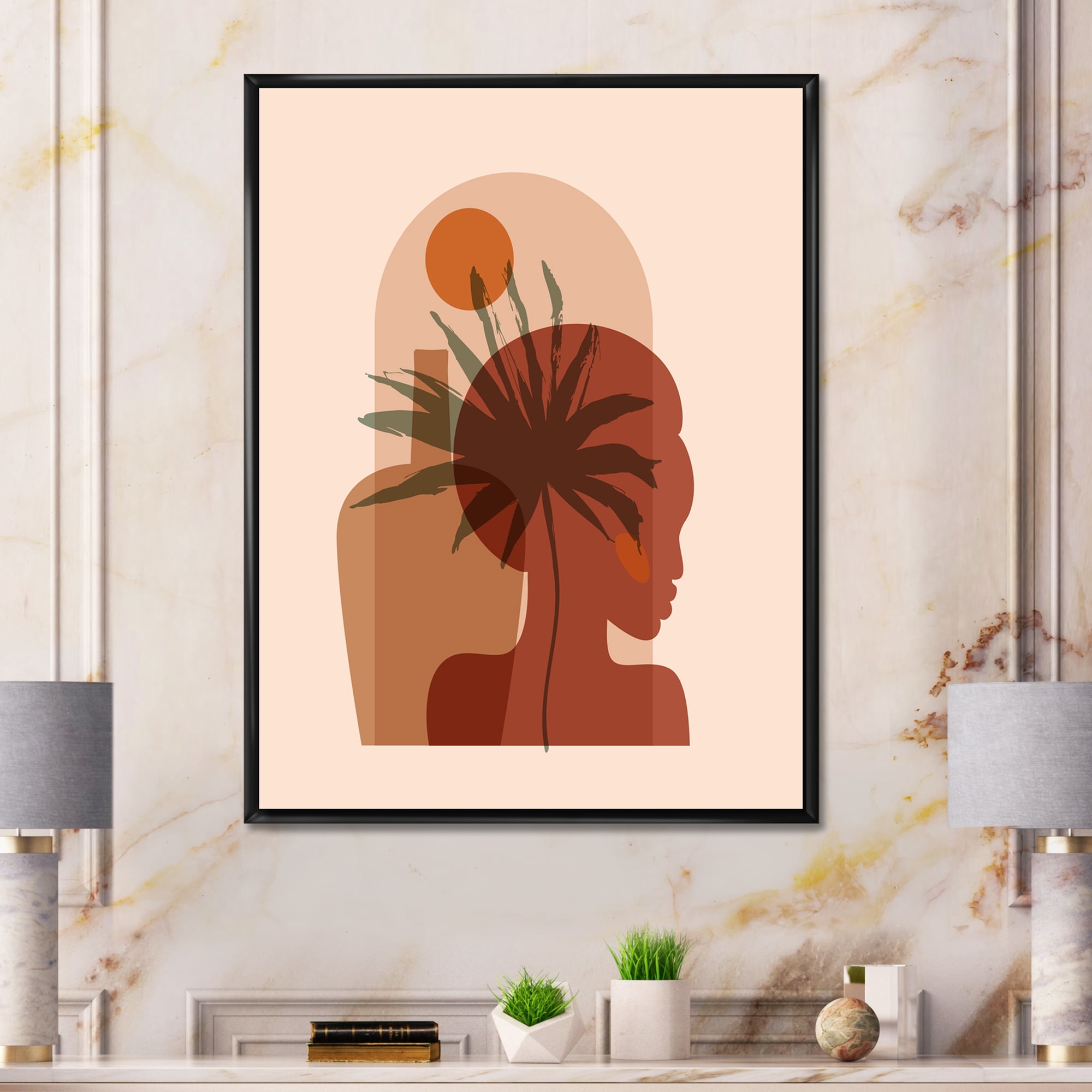 Designart 'Abstract Pretty Girl Portrait and Tropical Palm Leaf' Modern Framed Canvas Wall Art Print