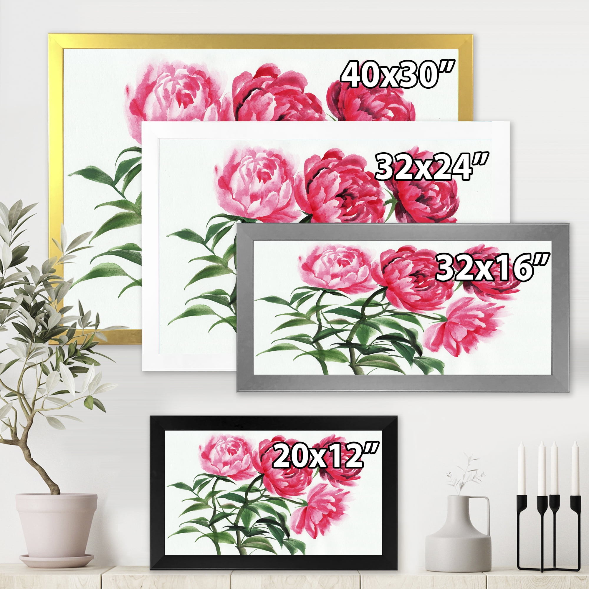 Designart 'Abstract Four Vintage Pink Peonies' Traditional Framed Art Print