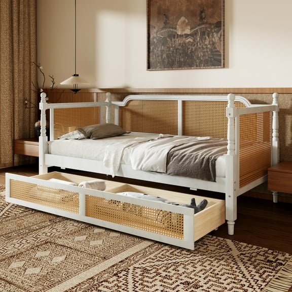 Luckynote Rattan Twin Daybed, Traditional Style with 2 Drawers, No Box Spring Needed for Limited Space Guest Room, Antique White