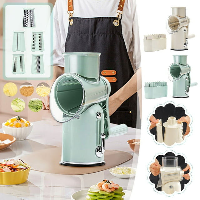 Rallador giratorio de queso y cortador de verduras | Herramienta manual 5 en 1 para cocina con mango | 5 cuchillas reemplazables de acero inoxidable | Base de succión fuerte | Libre de BPA | Fácil