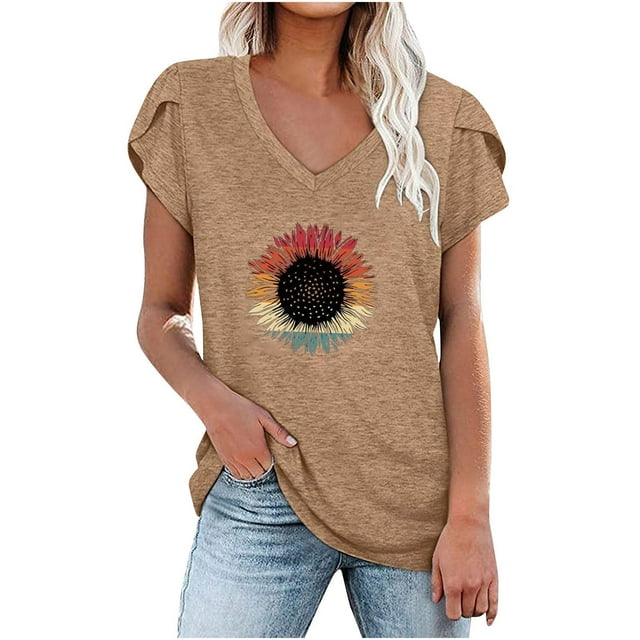 Birdeem Mode Femmes Été Col en V Manches Courtes T-Shirt Imprimé Décontracté Blouse