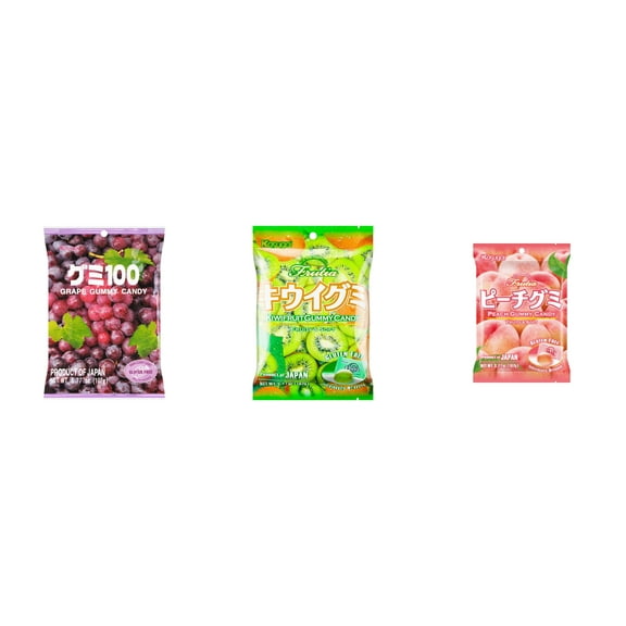 3 Pack Kasugai Gummy Candies, Made in Japan, Gluten Free, Mix 3 Flavor (Grape Frutia,Kiwi,Peach) Plus NineChef Brand Long Handle Coffee Spoon