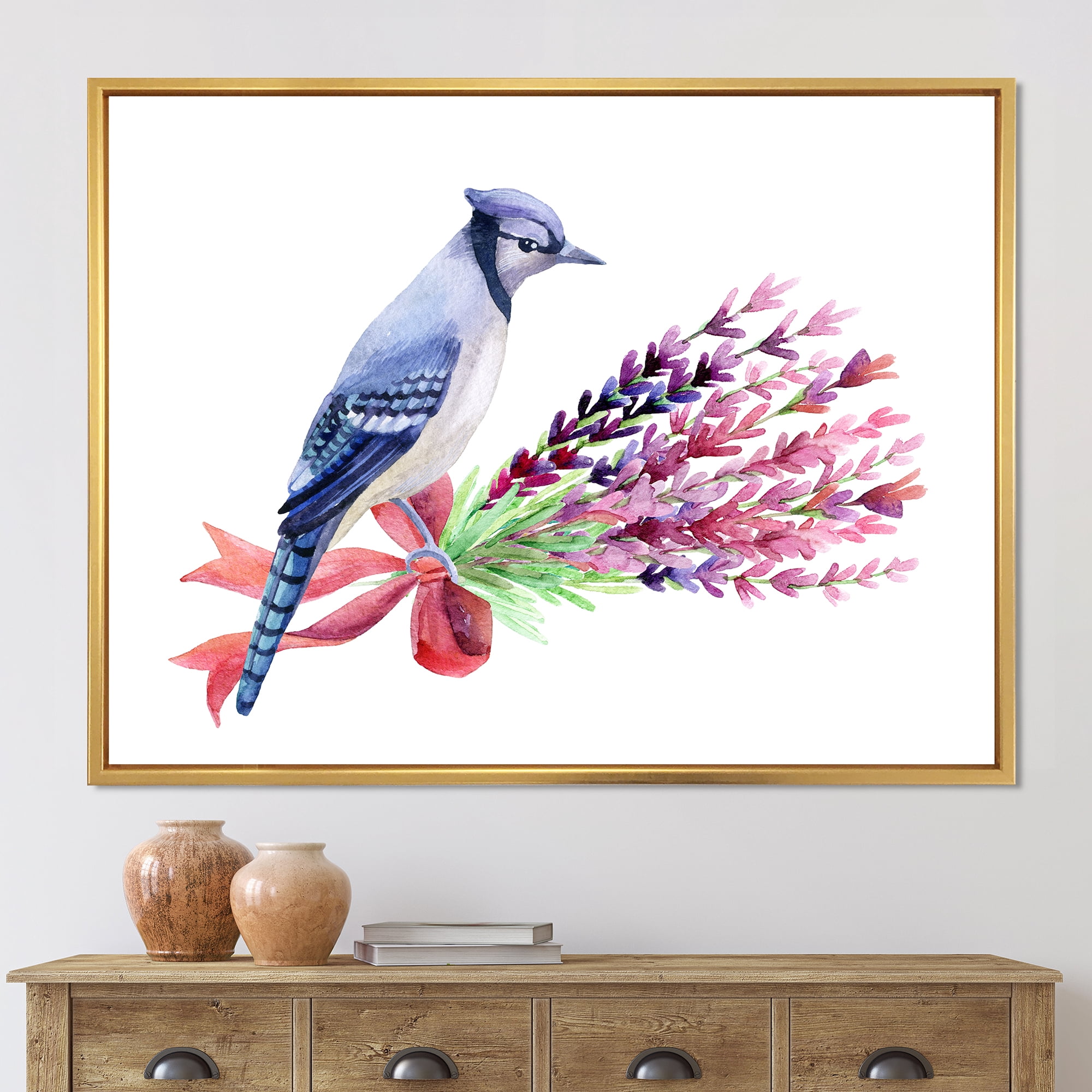 Designart 'Blue Jay Bird On Bouquet Of Pink Flowers' Traditional Framed Canvas Wall Art Print