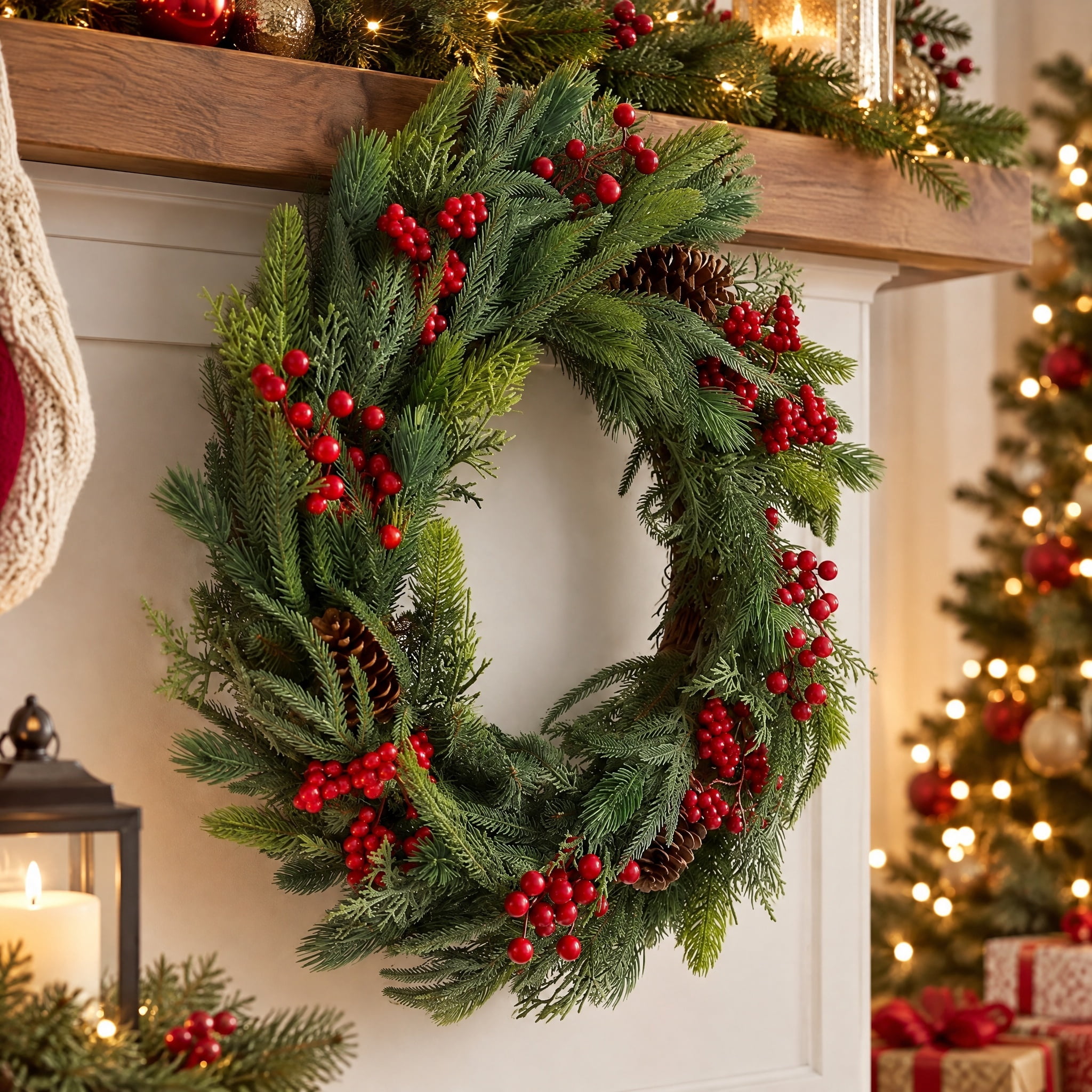 Natural Feel Fairfield Artificial Christmas Wreath with Berries and Pinecones, Green and Red, 24", by Holiday Time