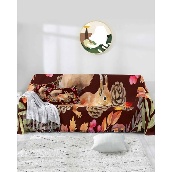 Fall Squirrel Sofa Covers for 3 Cushion Couch,Washable Sectional & L Shape Couch Covers for Dog/Cat/Kid,Thanksgiving Pine Cones Auumn Maple Leaves Non Slip Sofa Slipcover Tassel Futon Cover 71x150
