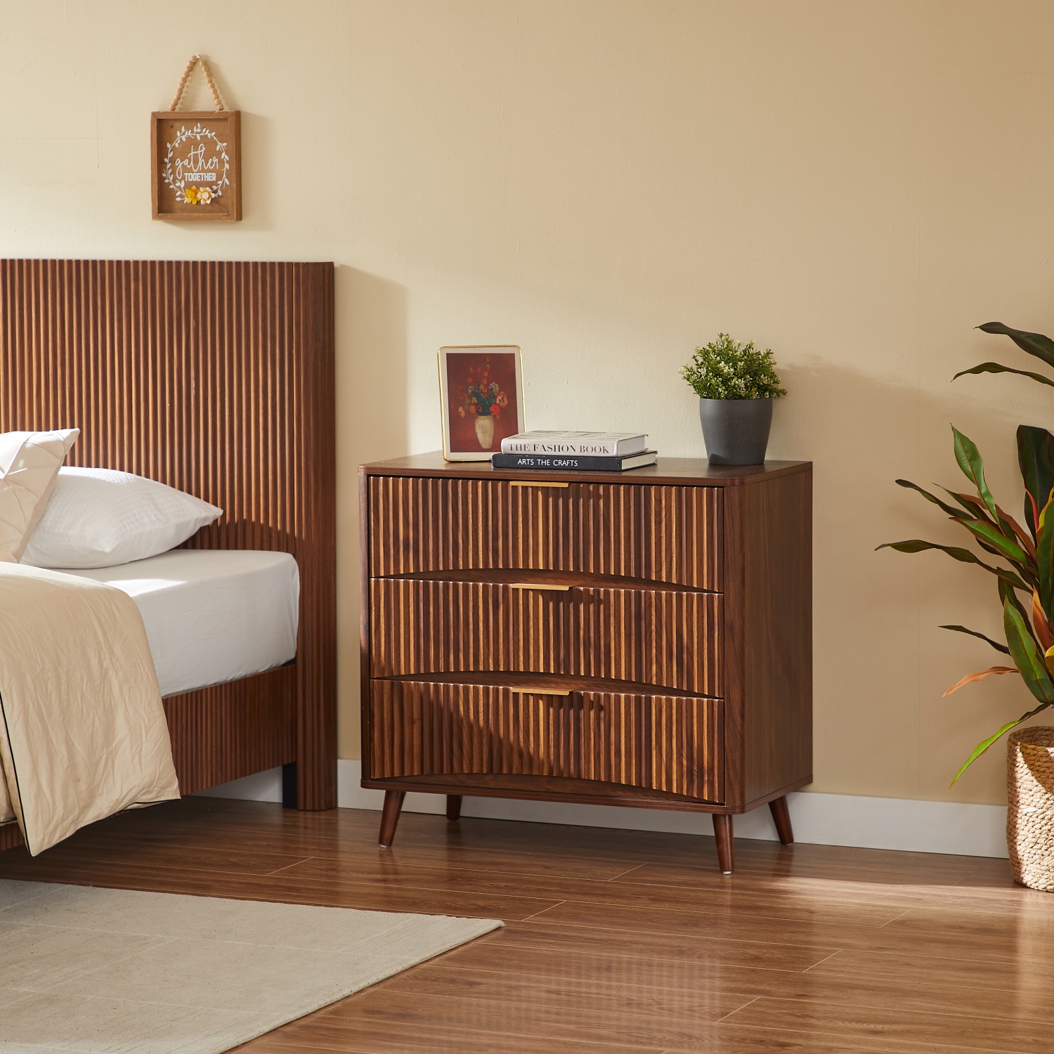 Hommoo Mid-Century Modern Fluted 3-Drawer Dresser, Tall Chest of Drawers with Silent Metal Glides, Rounded Edges & Sturdy Particleboard/MDF Construction for Bedroom or Living Room, Walnut