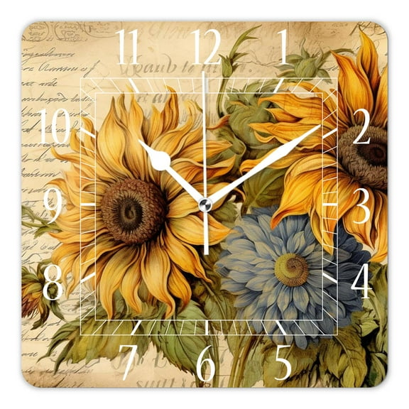 12 Inch Wall Clock Battery Operated Square Clock Decorative for Office, Kitchen, Outdoor, Living Room，Vintage Farm Sunflowers Creative