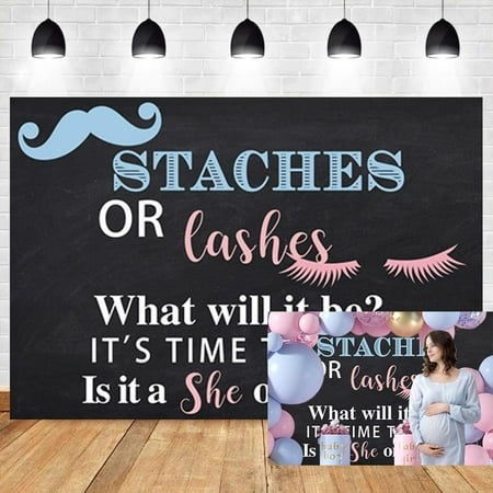 Image of 7x5ft Gender Reveal Backdrop Staches Or Lashes What Will It Be? It s Time to See. is It a She Or a He?