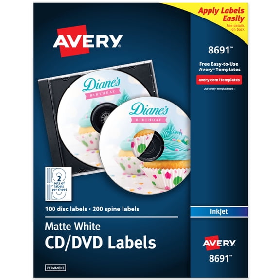 Avery CD Labels, Permanent, 100 CD Labels & 200 Spine Labels (8691)