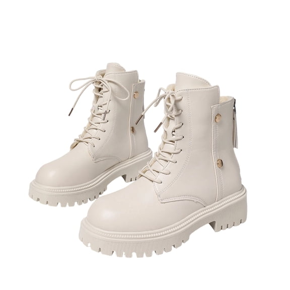 Women's Leather Lace Up Ankle Boots Chunky Heel Round Toe Soft Casual Fleece Lining Boots Fall Winter Warm Short Boots