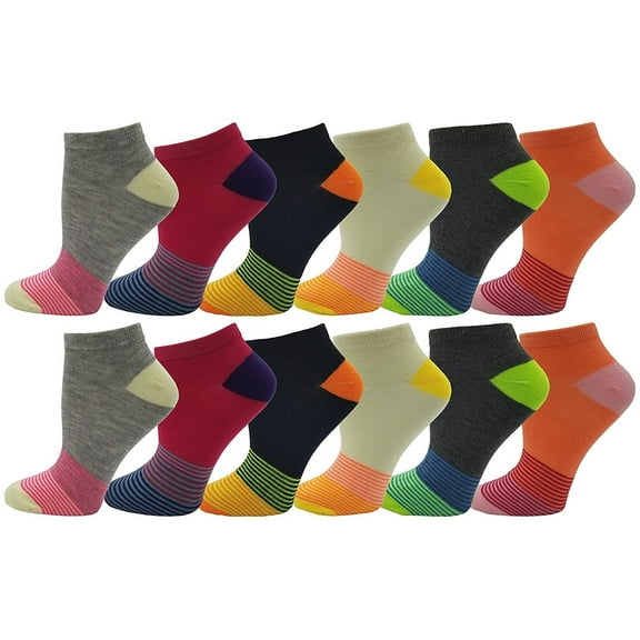 Womens No Show Ankle Socks, 12 Pairs Fun Funky Patterned Designs, Colorful Casual Athletic Sport Sock