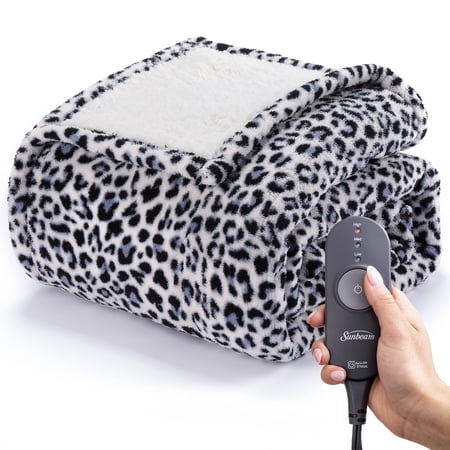 Sunbeam Microplush Sherpa Heated Electric Blanket Blue Leopard 50 x 60