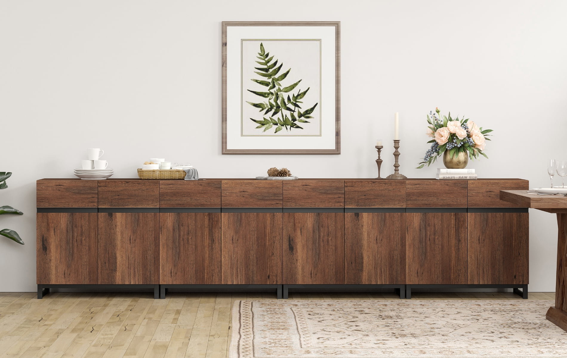 WAMPAT 126" Wide 4-In-1 Multifunctional Sideboard Buffet with Adjustable Shelf & Metal Base, Modern Wood Grain Storage Cabinet for Dining Room, Living Room.