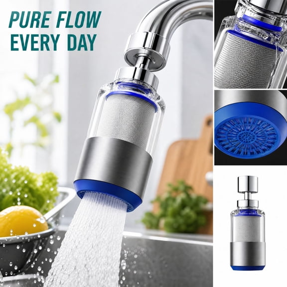 Faucet Water Filter for Kitchen Sink with Stainless Steel Mesh Core and Splash Guard, Single Unit, Silver and Blue, for Bathroom and Kitchen Faucets