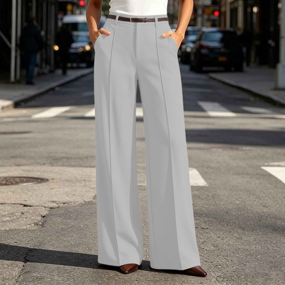 Guieoi Dress Pants for Women Business High Waisted Wide Leg Casual with Pockets Straight Leg Style Suitable for the Office Daily Wear Work Pants Trousers Gray L