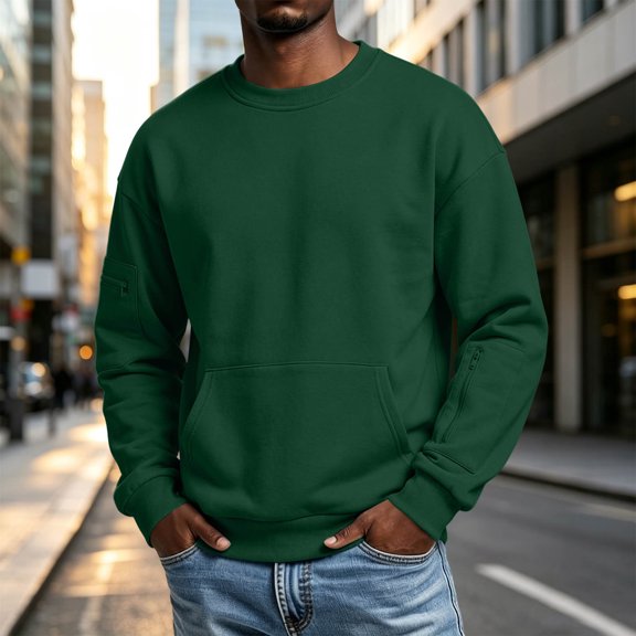 LYSMORA Men's Crew Neck Pullover Sweatshirt, Long Sleeve with Zipper Sleeve Pockets Loose Casual Athletic Street Tops