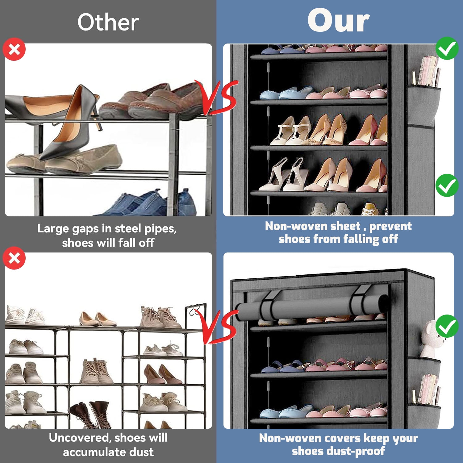 10 Tier Shoe Rack with Covers, Large Capacity Stackable Tall Shoe Organizer Storage, Sturdy Metal Free Standing Shoe Shelf for Closet Entryway Garage