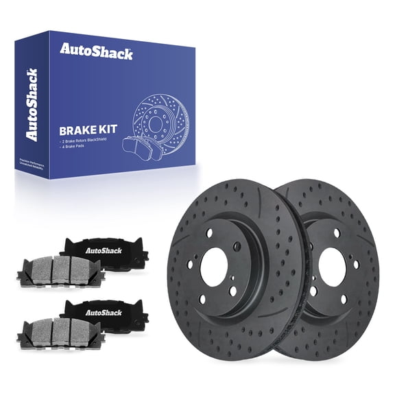 AutoShack Front Vented Drilled & Slotted Coated Brake Rotors Black Matte Finish   Ceramic Pads 6-PC Brake Kit Replacement for 2007-2017 Toyota Camry 2007-2018 Lexus ES350 BlackShield 11.65" (296 mm)