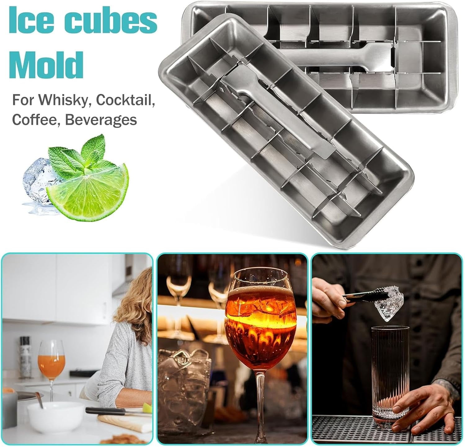 Stainless Steel & Metal Ice Cube Trays with Handle - 18-Slot Small Ice Cube Mold for Freezer, Detachable Dishwasher-Safe Ice Trays for Bars Kitchens