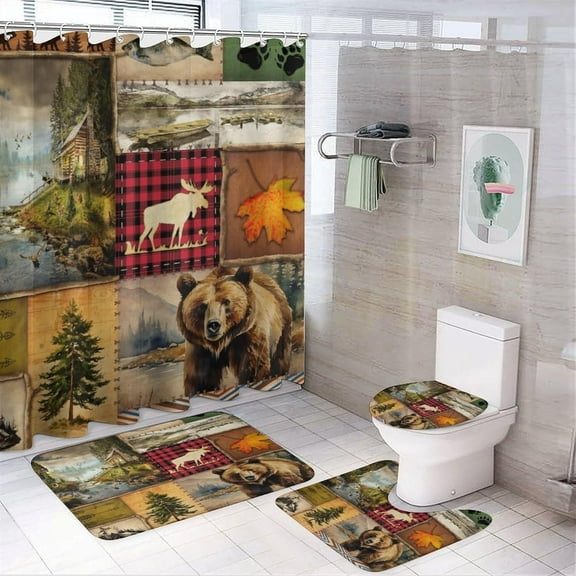 Cabin Hunting Theme Deer 4 Pcs Waterproof Shower Curtain Set,Rustic Plaid Arrow Wood Boards Forest Animal Bear with Waterproof Toilet Cover Shower Mat Rugs